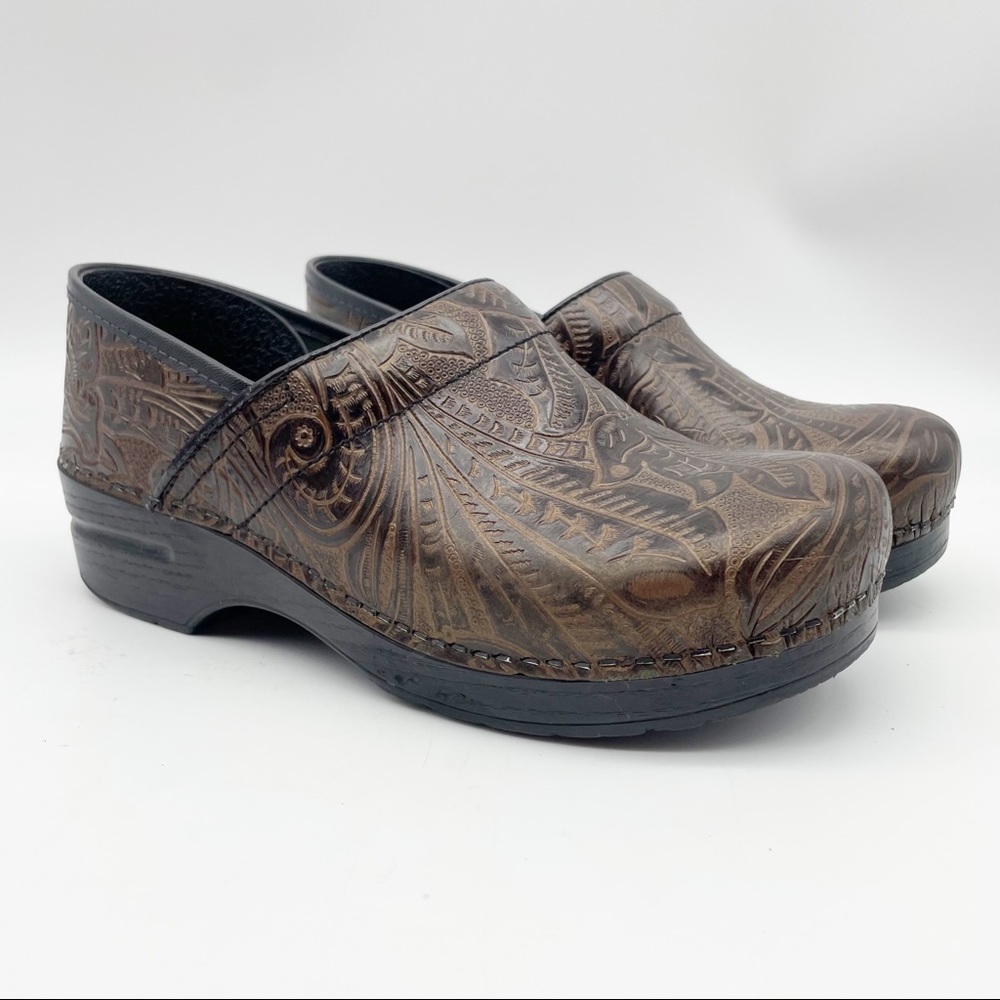 Dansko Professional Brown Tooled Floral Stamp Leather Stapled Clog Nursing Shoes